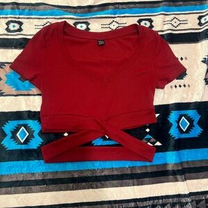 SHEIN Deep Red Cross-Front Crop Top